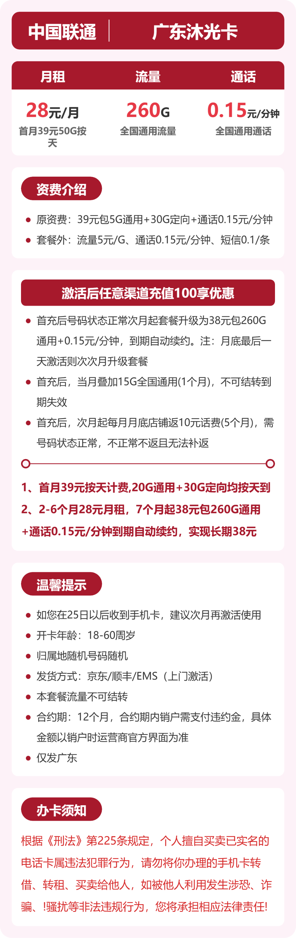 联通广东沐光卡28元包260G+0.15元/分钟