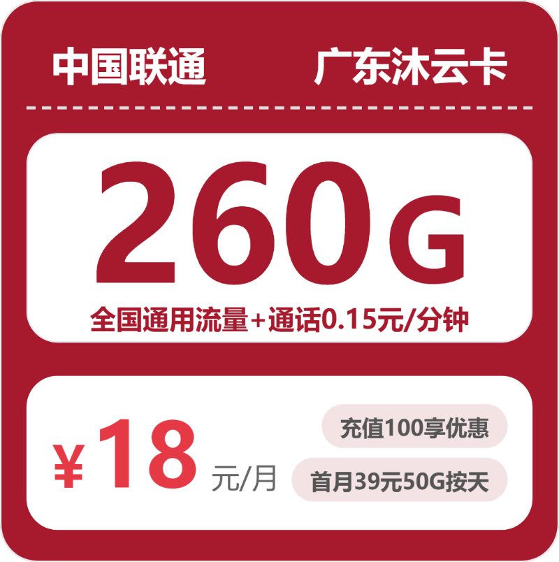 联通广东沐云卡18元包260G+0.15元/分钟