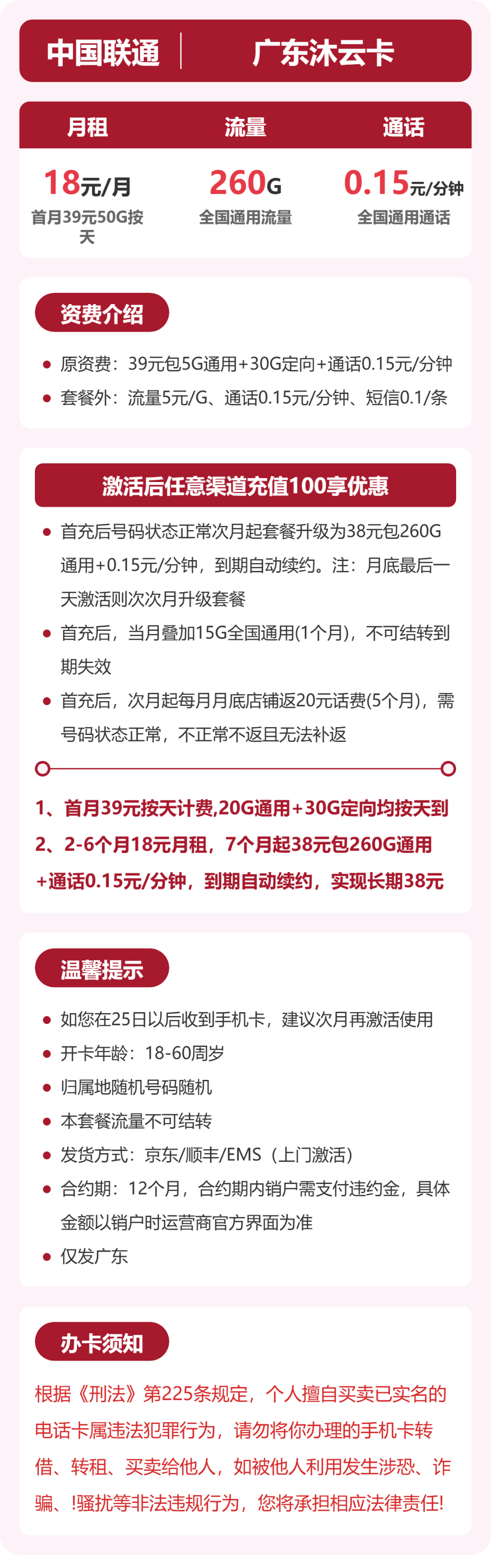 联通广东沐云卡18元包260G+0.15元/分钟
