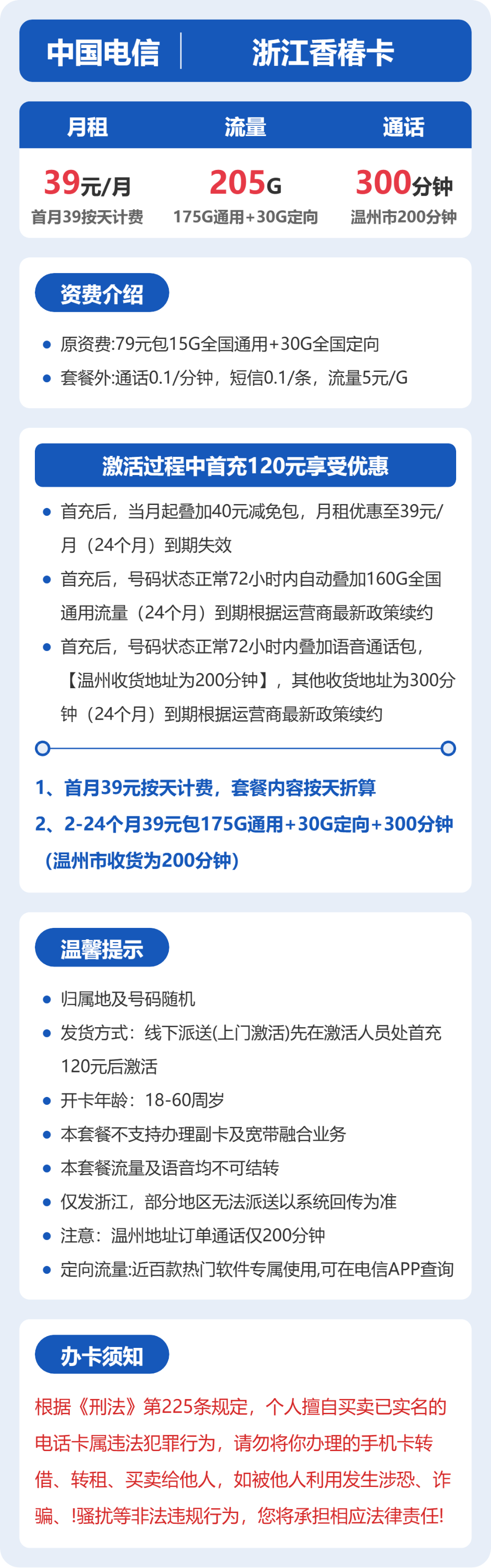 电信浙江香椿卡39元包205G+300分钟通话