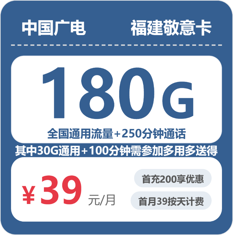 广电福建敬意卡39元包180G+250分钟