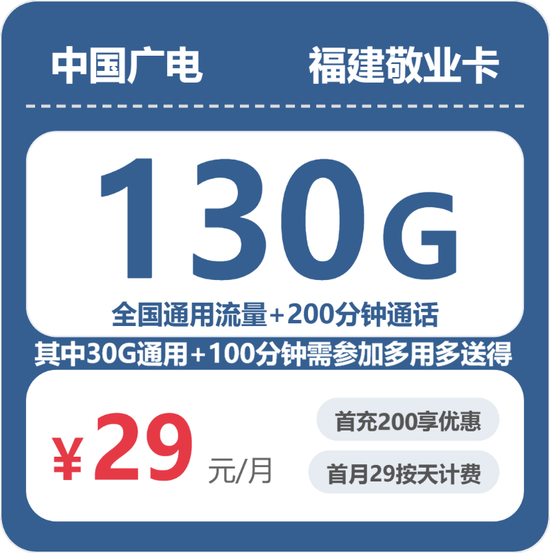 广电福建敬业卡29元包130G+200分钟