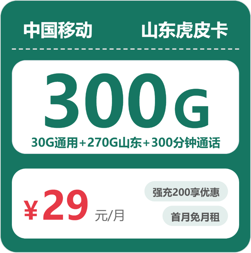 移动山东虎皮卡29元包300G+300分钟