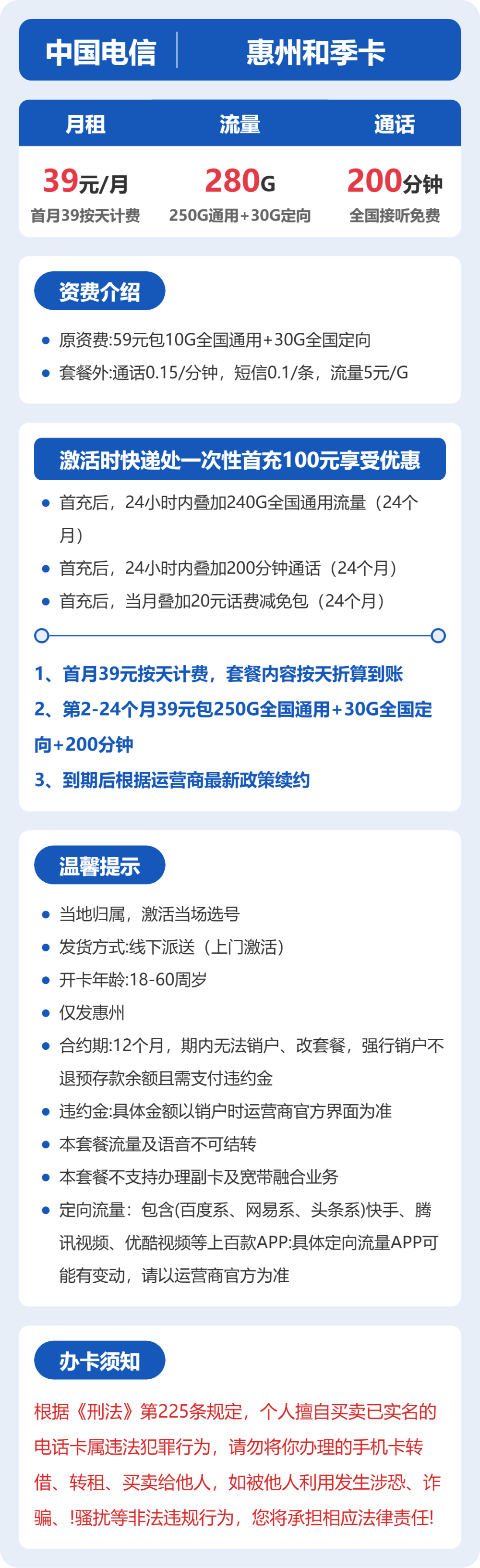 电信惠州和季卡39元包280G+200分钟
