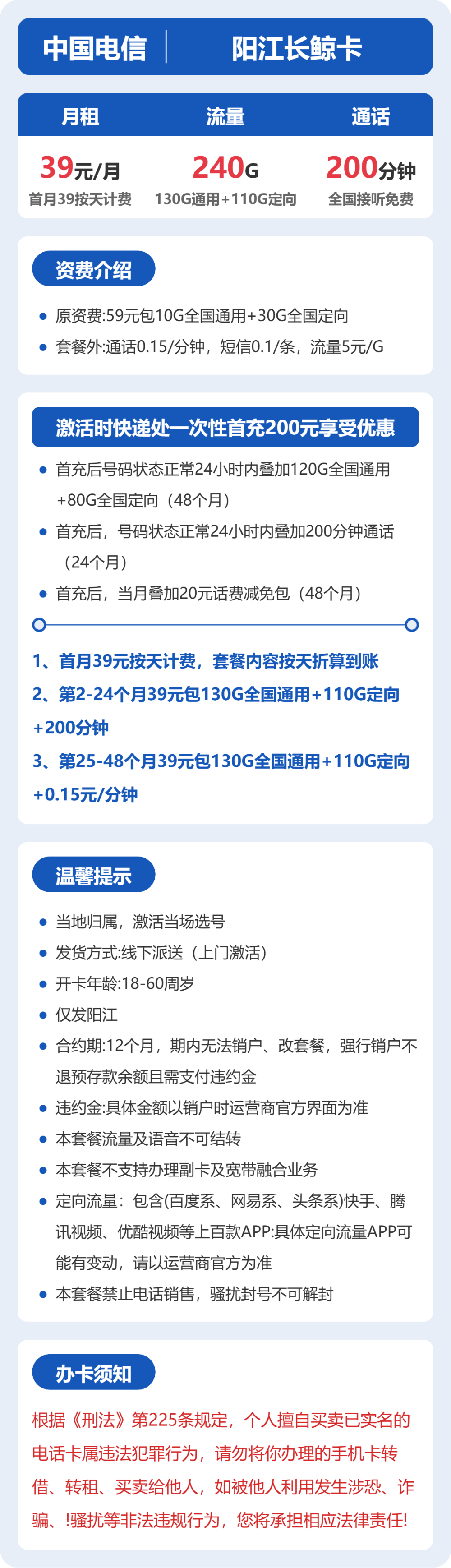 电信阳江长鲸卡39元包240G+200分钟