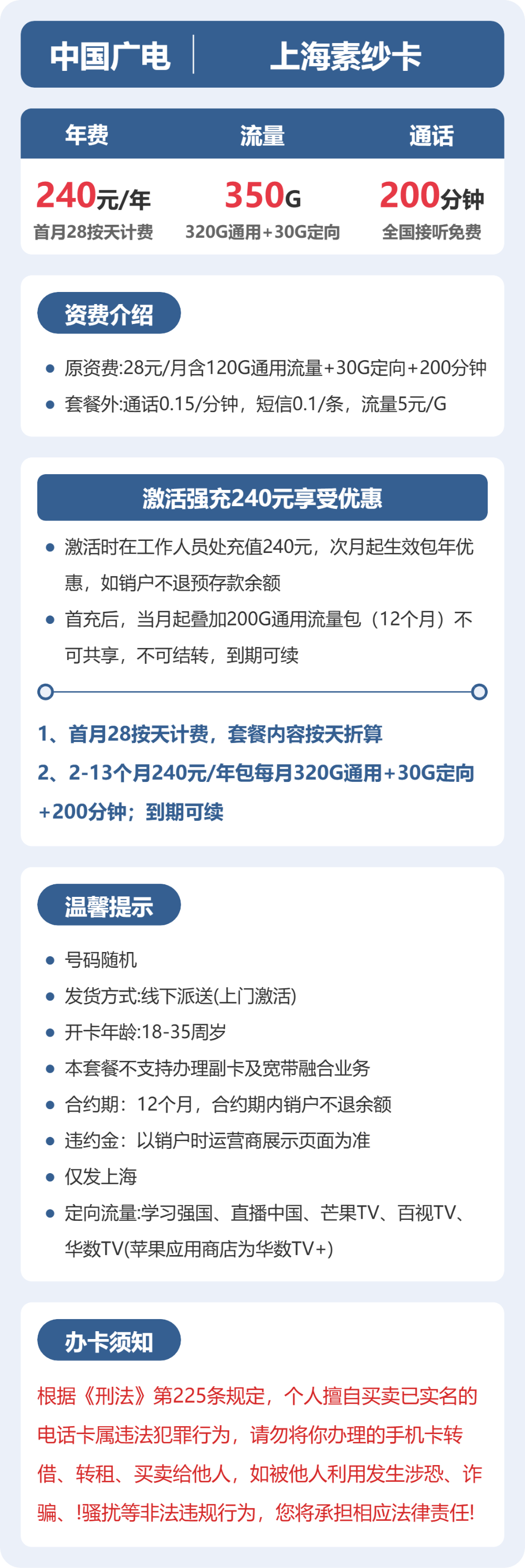 广电上海素纱卡20元包350G+200分钟