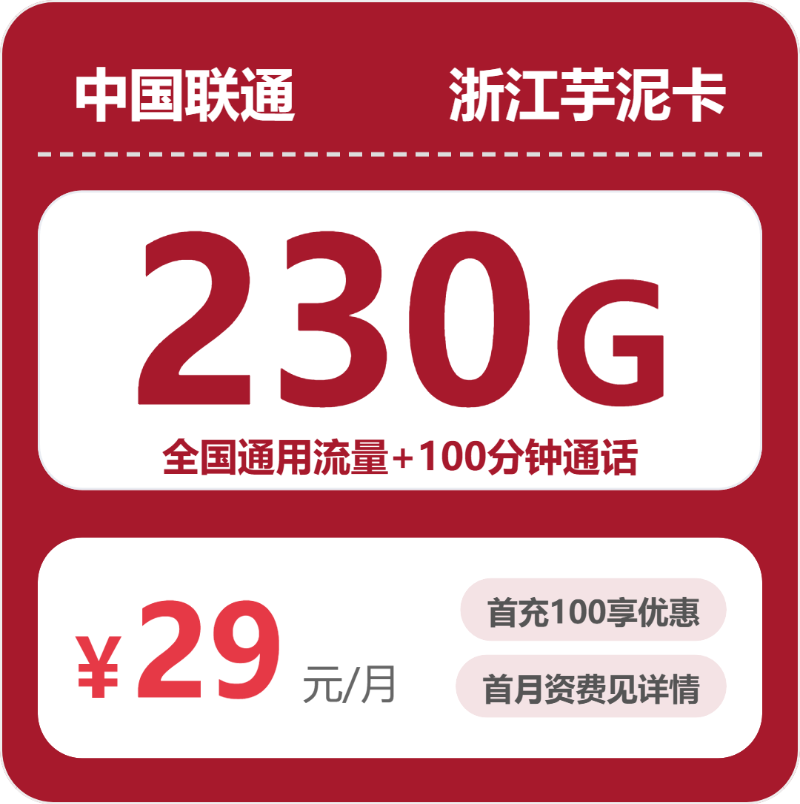 联通浙江芋泥卡29元包230G+100分钟
