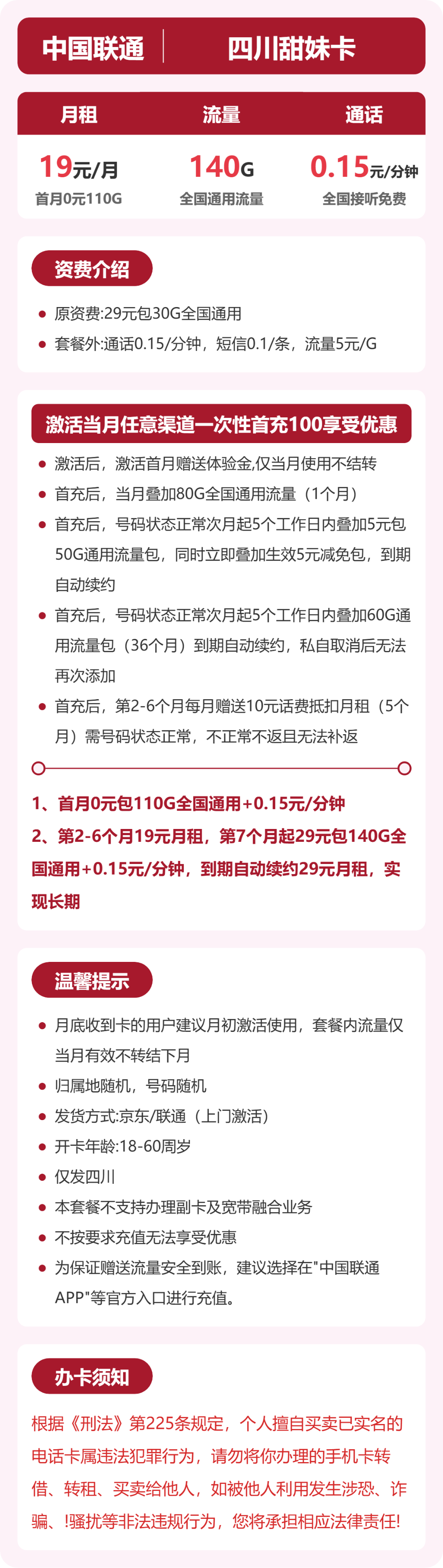 联通四川甜妹卡19元包140G+0.15元/分钟
