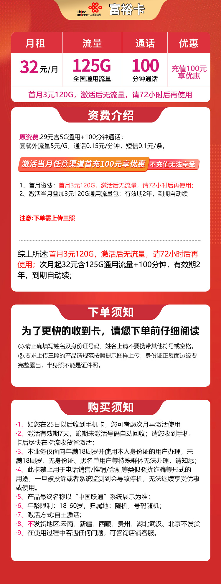联通富裕卡32元125G+100分钟【发全国】