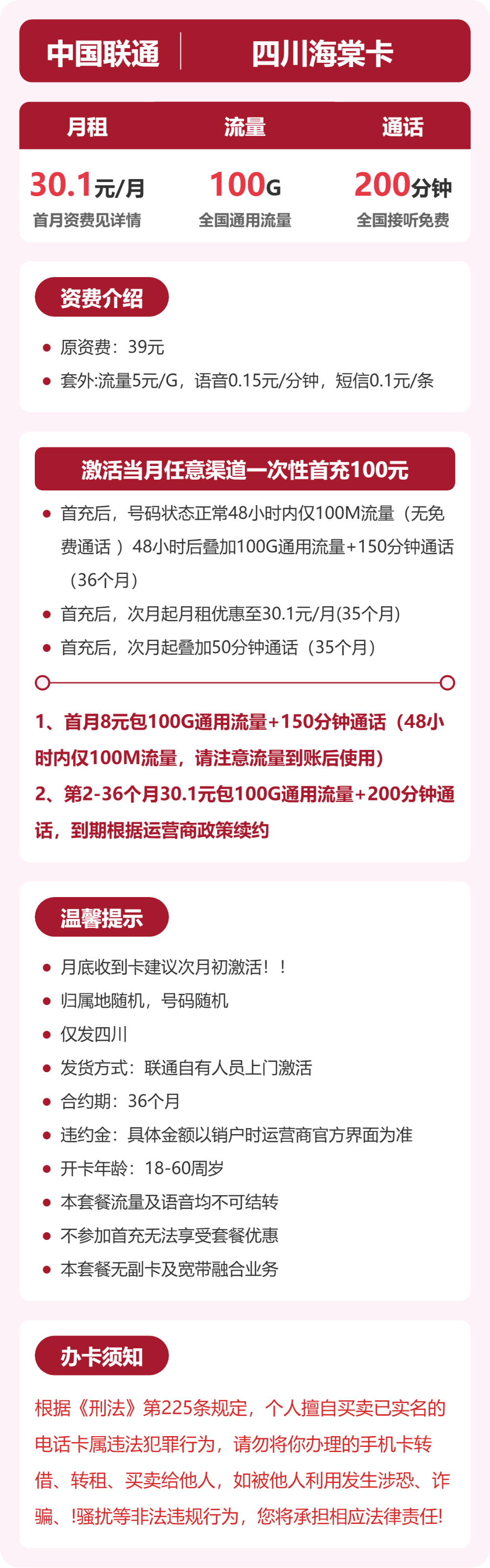 联通四川青茶卡30.1元包100G+200分钟