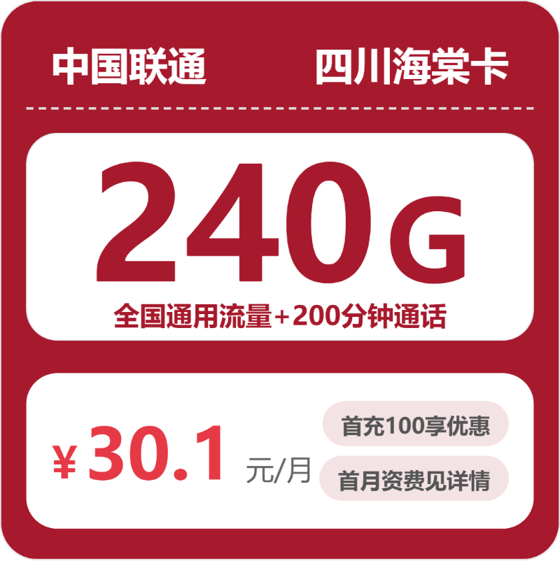 联通四川海棠卡30.1元包240G+200分钟