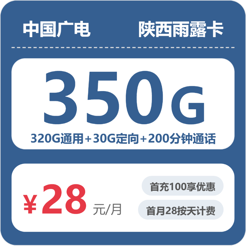广电陕西雨露卡28元包350G+200分钟