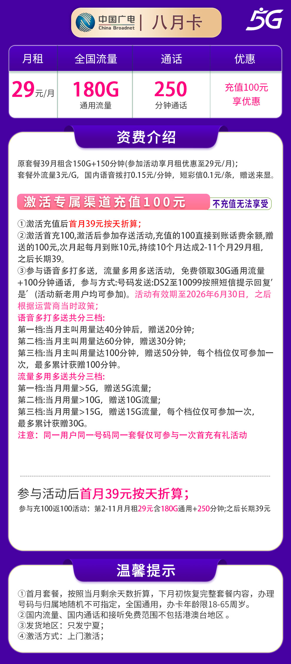 广电八月卡29元180G+250分钟【只发宁夏】