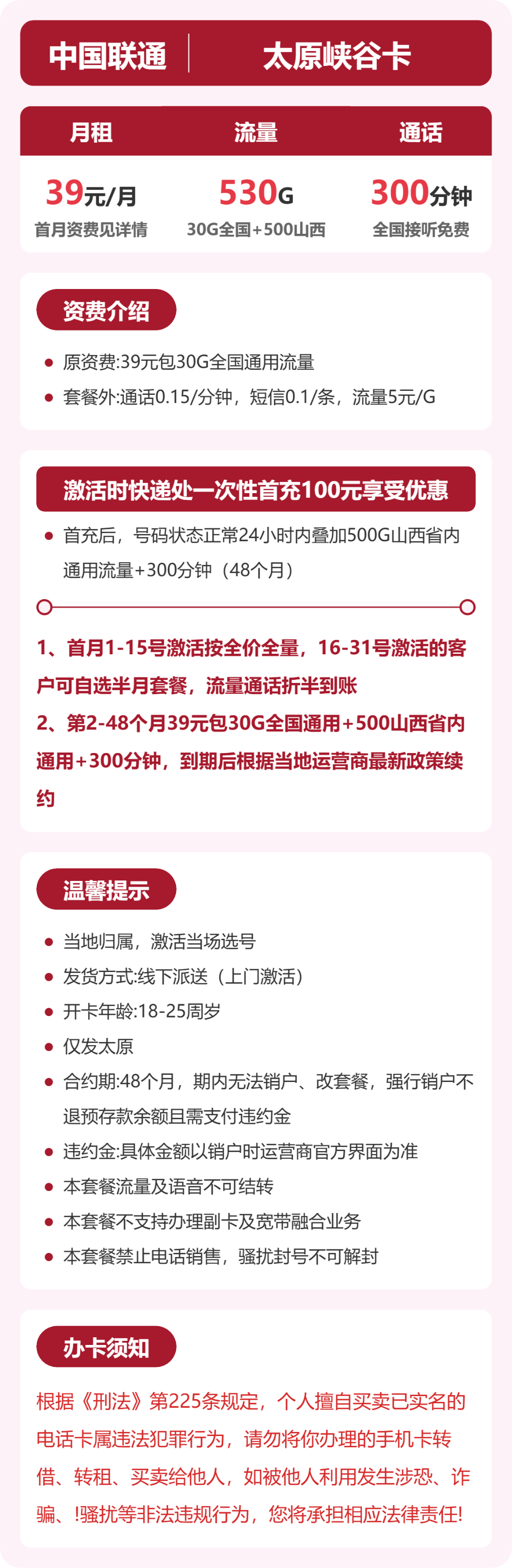 联通太原峡谷卡39元包530G+300分钟