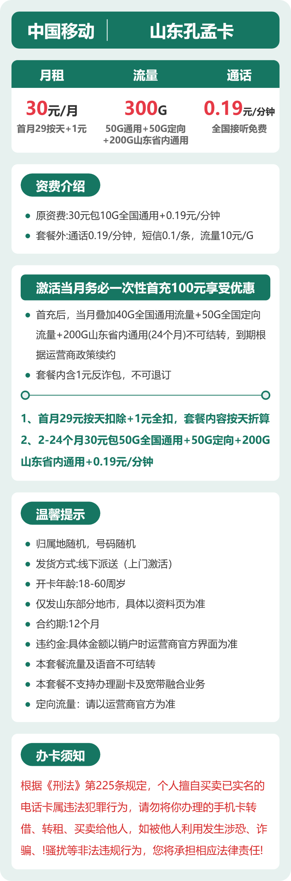 移动山东孔孟卡30元包300G+0.19元/分钟