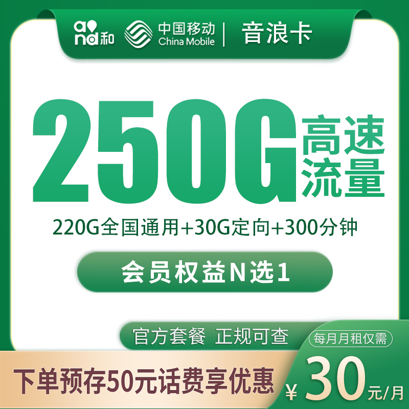 移动音浪卡30元250G+300分钟【只发四川】