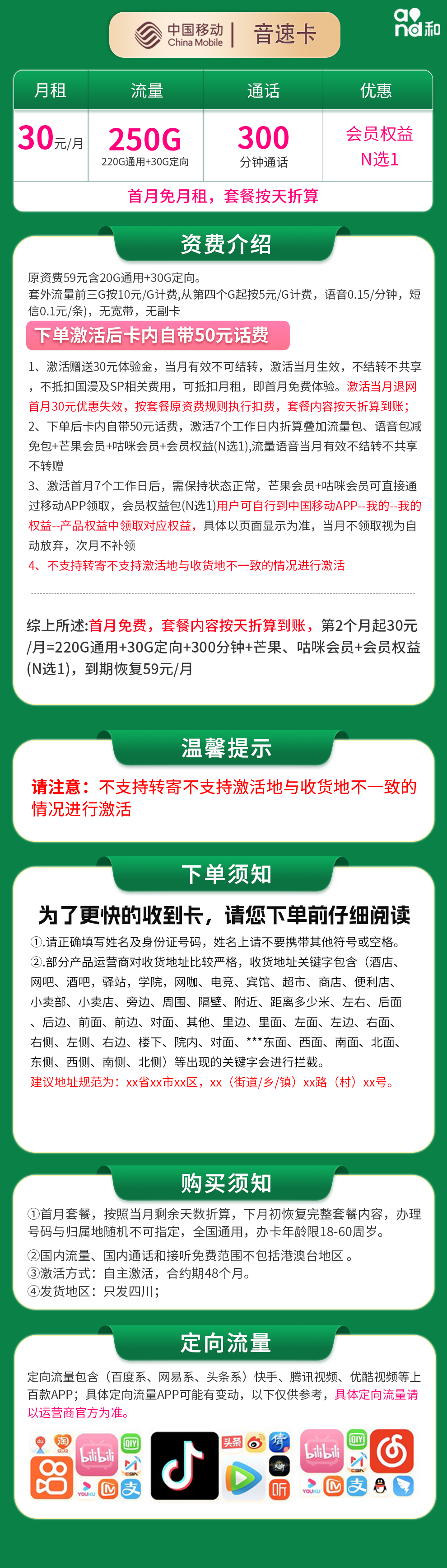 移动音速卡30元250G+300分钟【只发四川】