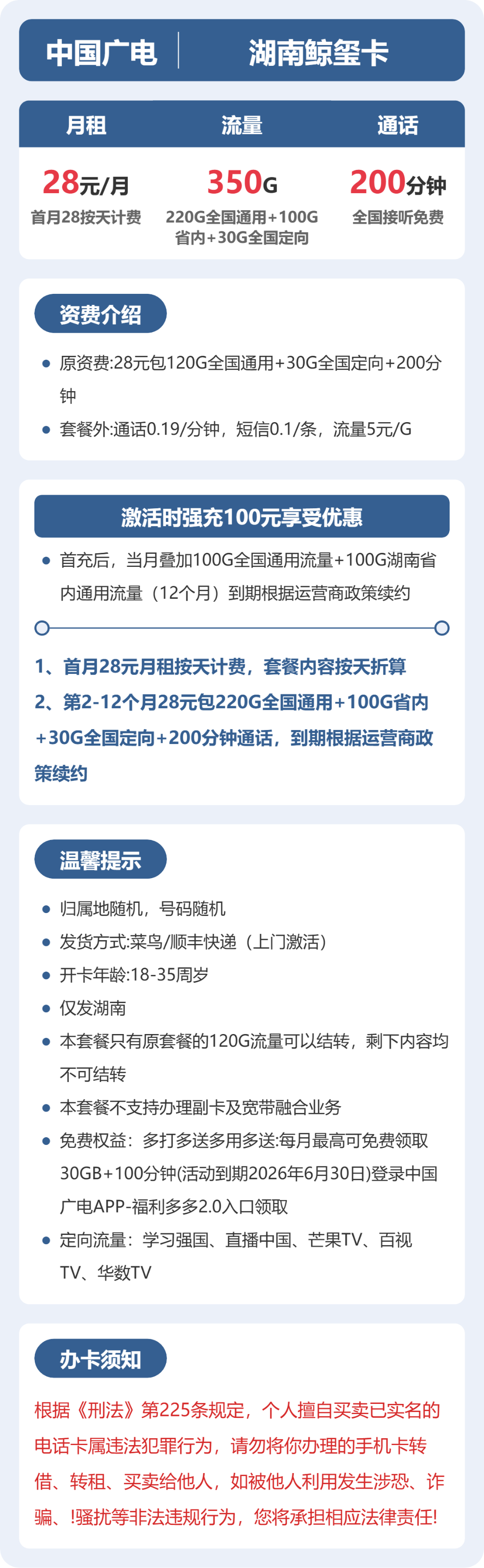 广电湖南鲸玺卡28元包350G+200分钟