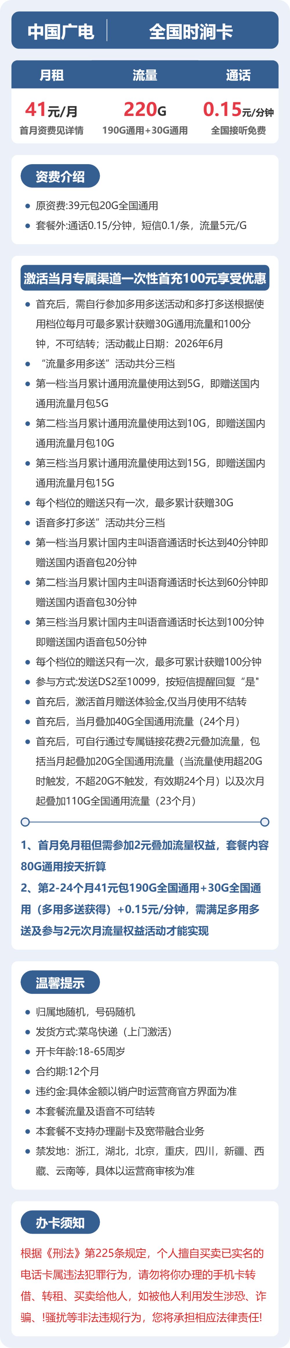 广电全国石涧卡41元包220G+0.15元/分钟