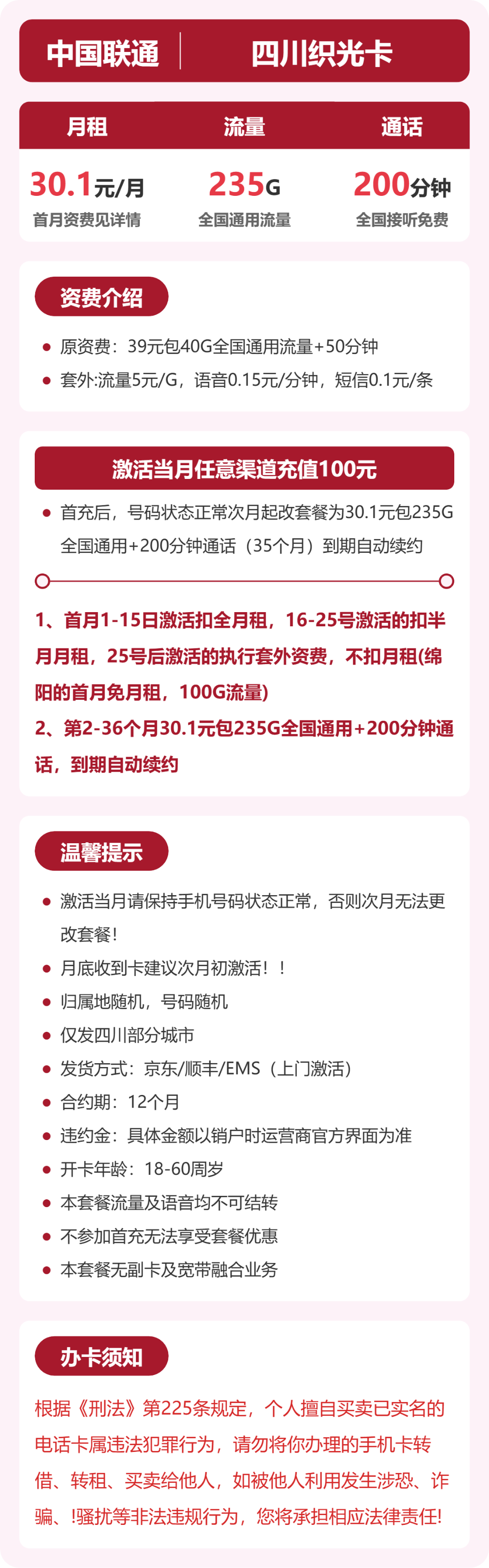 联通四川织光卡30.1元包235G+200分钟