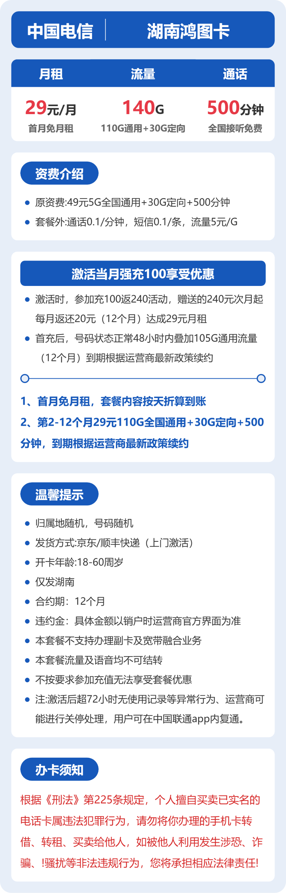 电信湖南鸿图卡29元包140G+500分钟