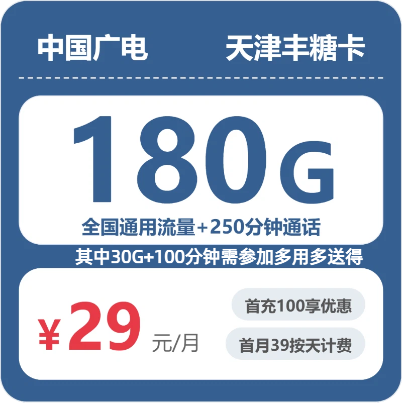 广电天津丰糖卡29元包180G+250分钟
