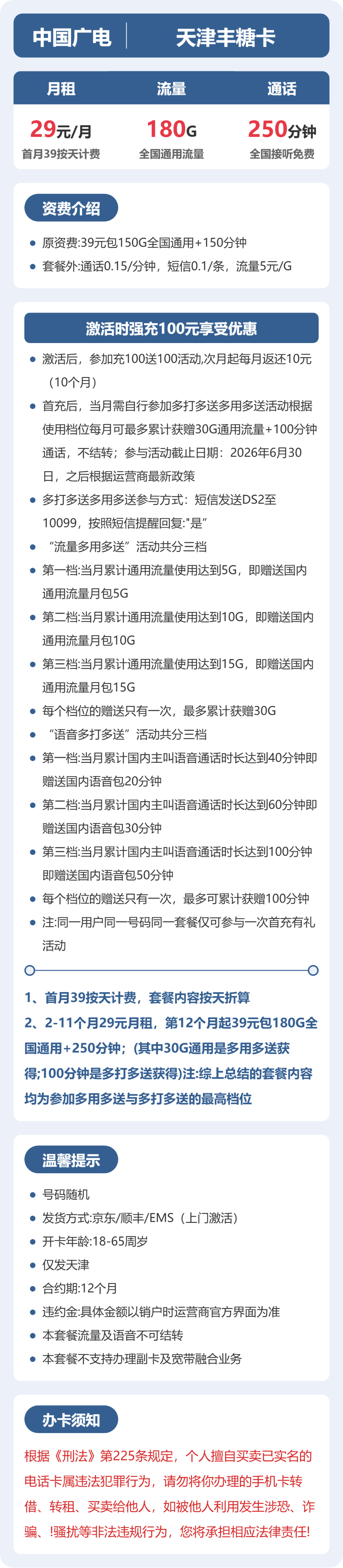 广电天津丰糖卡29元包180G+250分钟