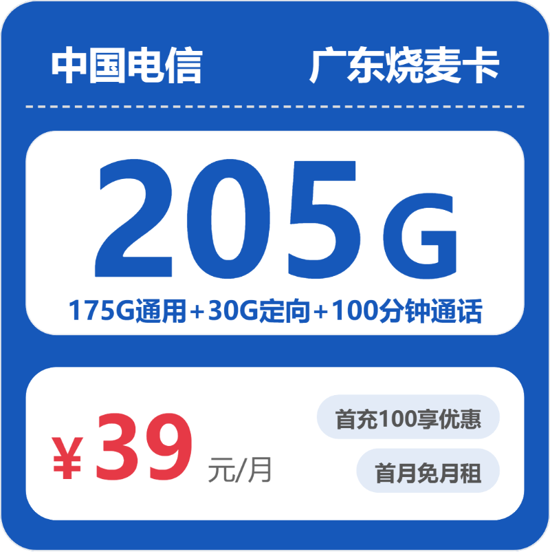 电信广东烧麦卡39元包205G+100分钟