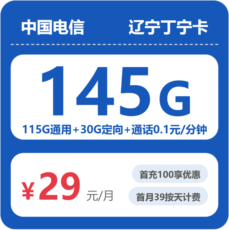 电信辽宁丁宁卡29元包145G+0.1元/分钟