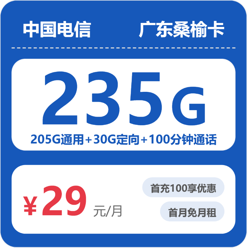 电信广东桑榆卡29元包235G+100分钟