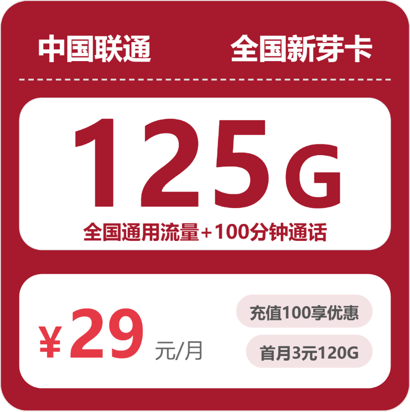联通全国新芽卡29元包125G+100分钟