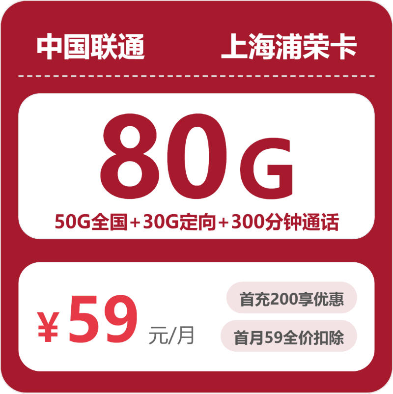 联通上海浦容卡59元包80G+300分钟