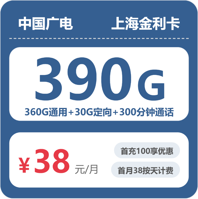 广电上海金利卡38元包390G+300分钟