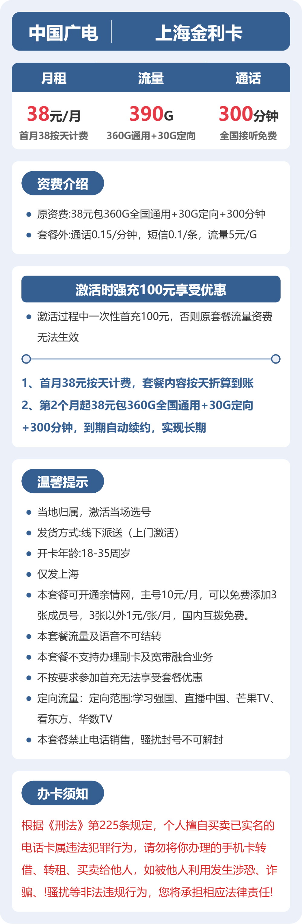 广电上海金利卡38元包390G+300分钟