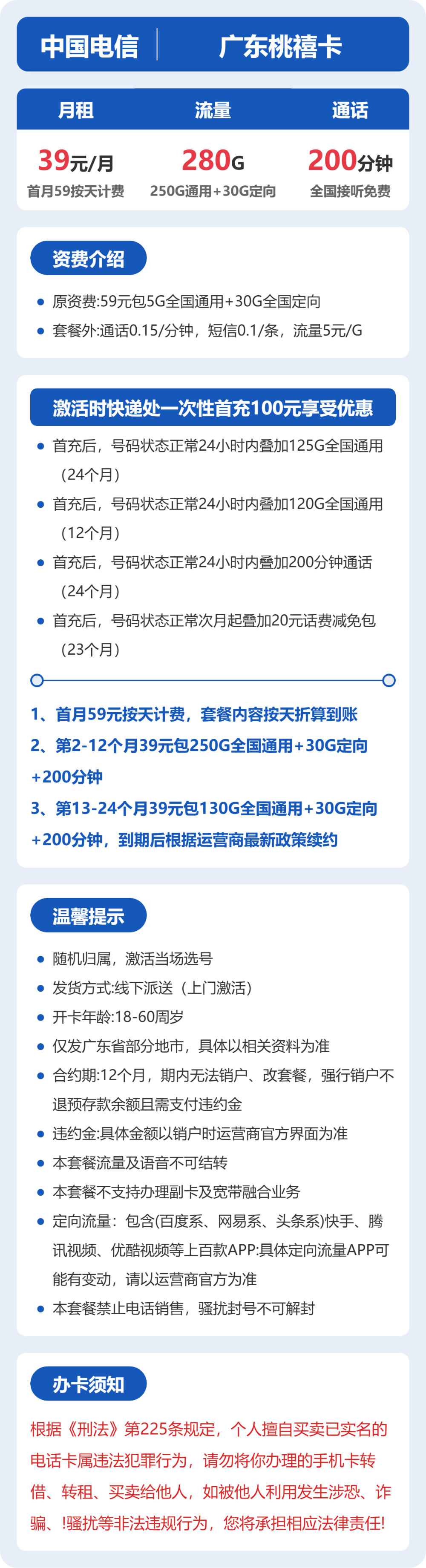 电信广东桃禧卡39元包280G+200分钟