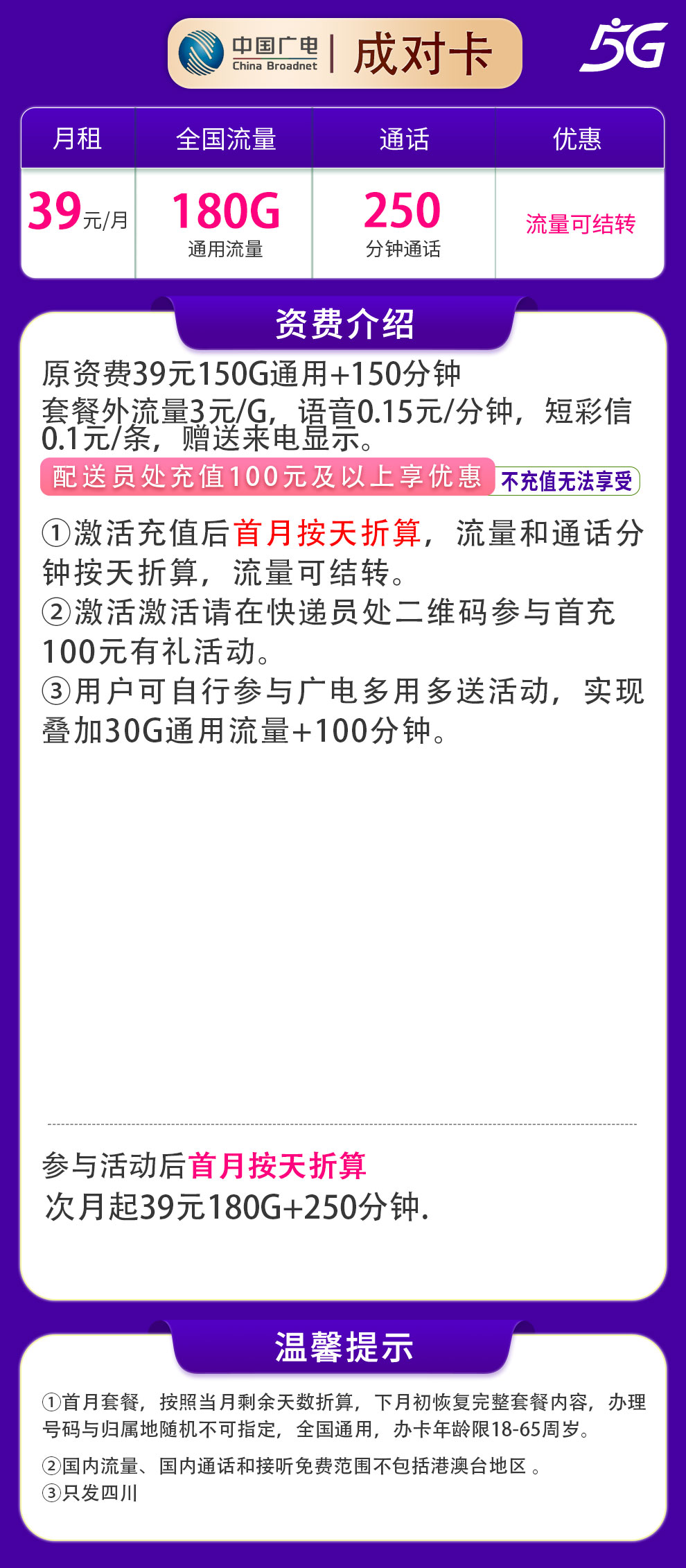N广电成对卡39元180G+250分钟【只发四川】