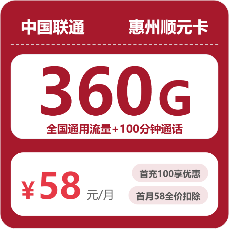 联通惠州顺元卡58元包360G+100分钟