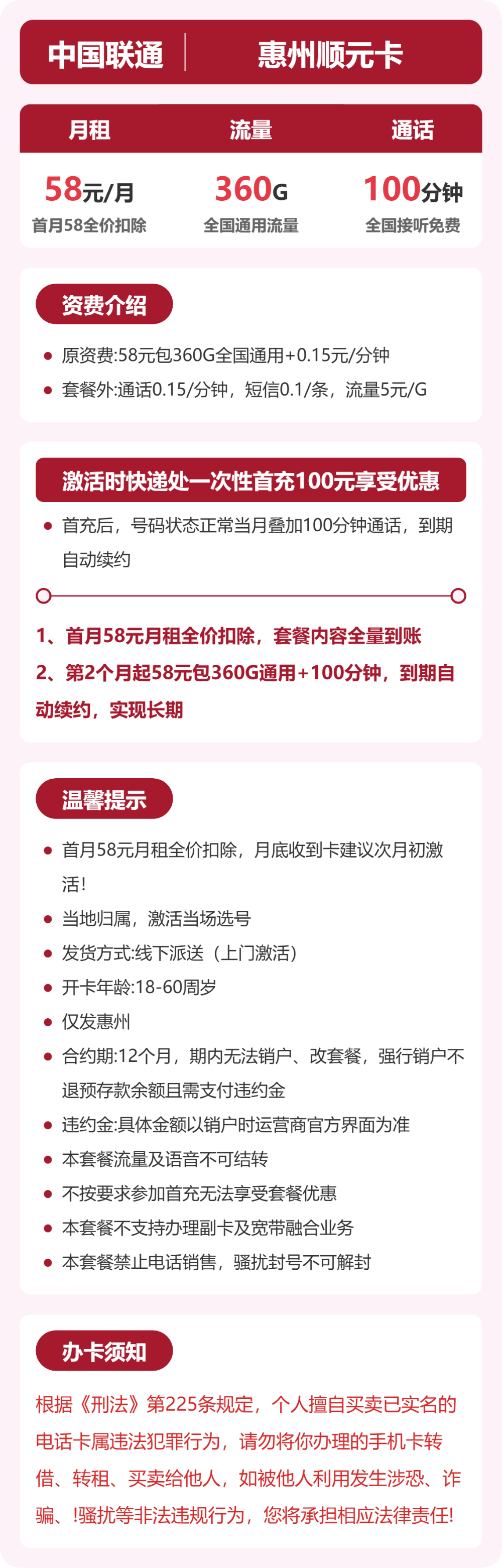 联通惠州顺元卡58元包360G+100分钟