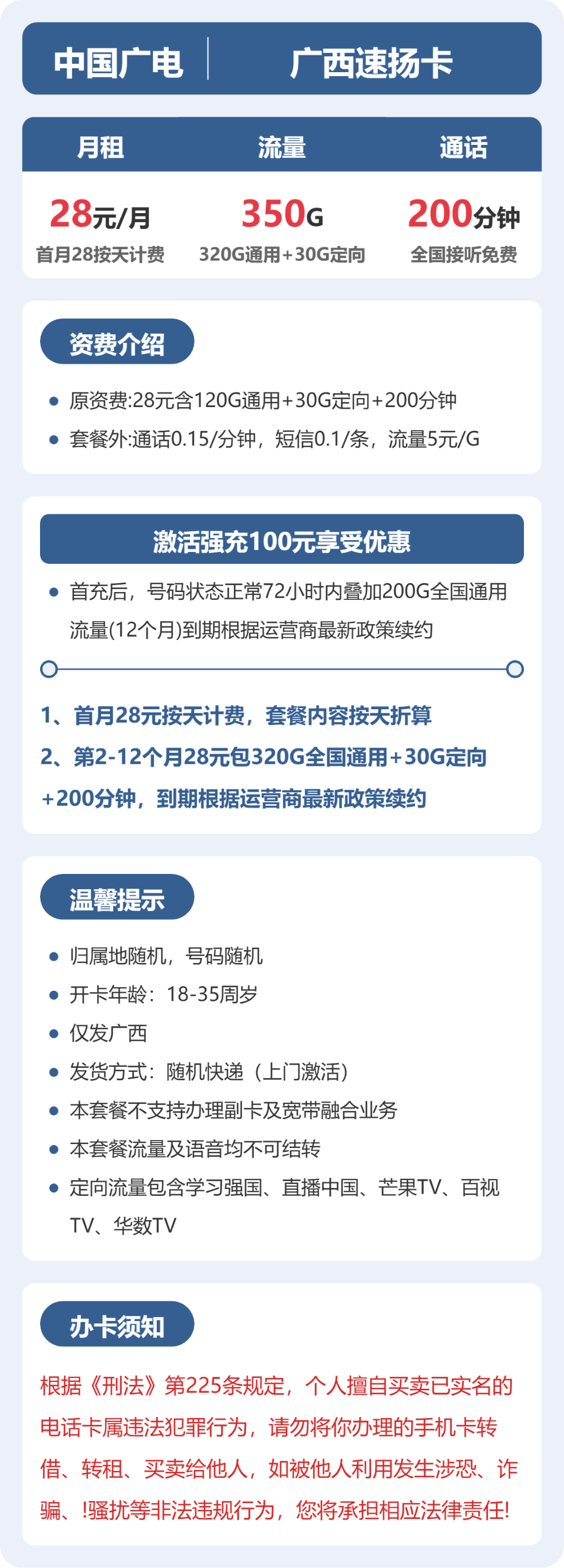广电广西速扬卡28元包350G+200分钟