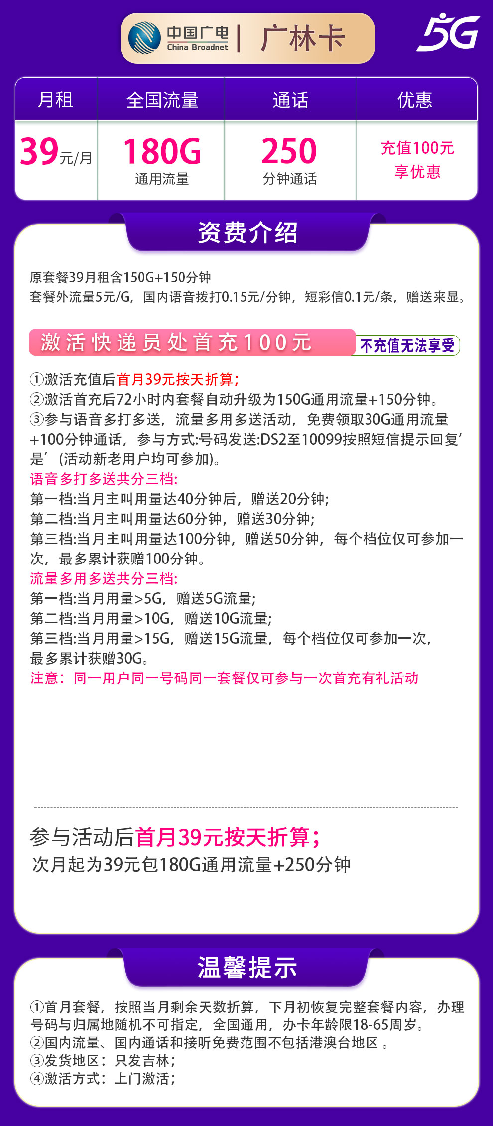 广电广林卡39元180G+250分钟【只发吉林】