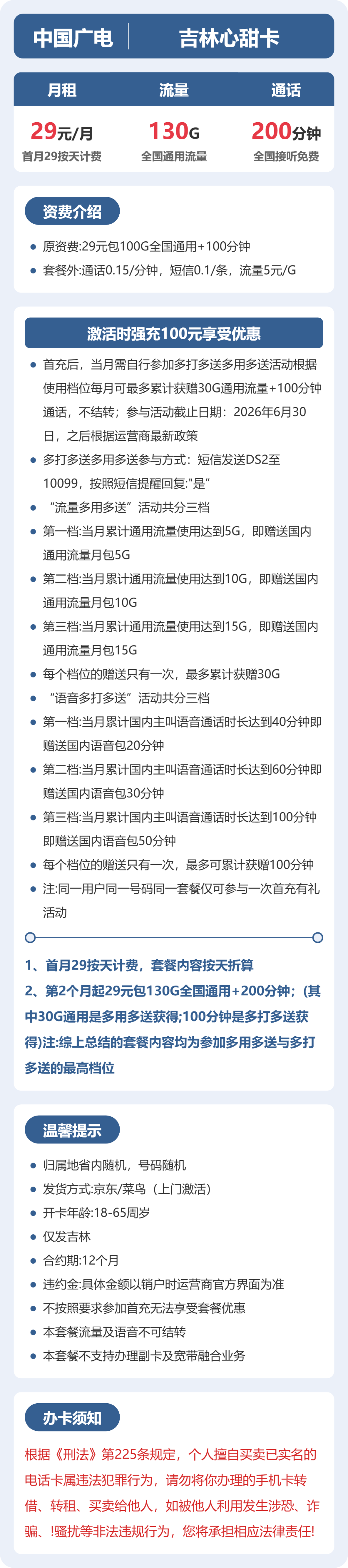 广电吉林心甜卡29元包130G+200分钟