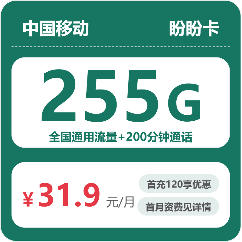 移动盼盼卡  31.9元包255G+200分钟