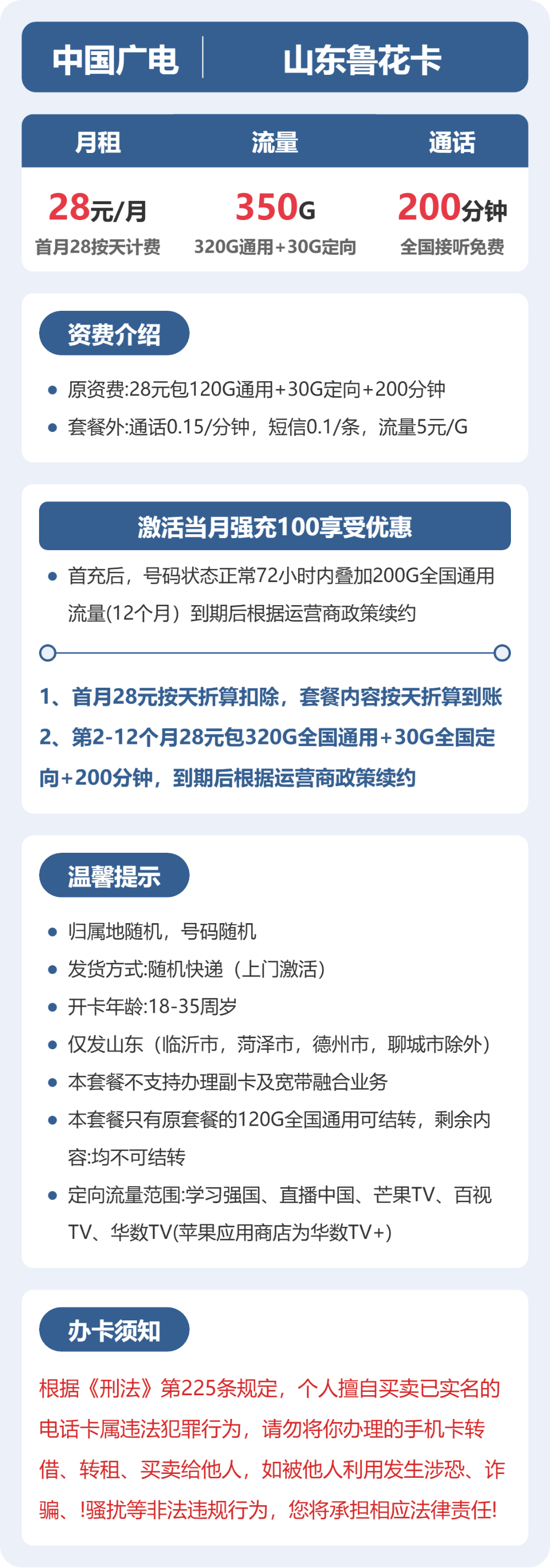 广电山东鲁花卡28元包350G+200分钟