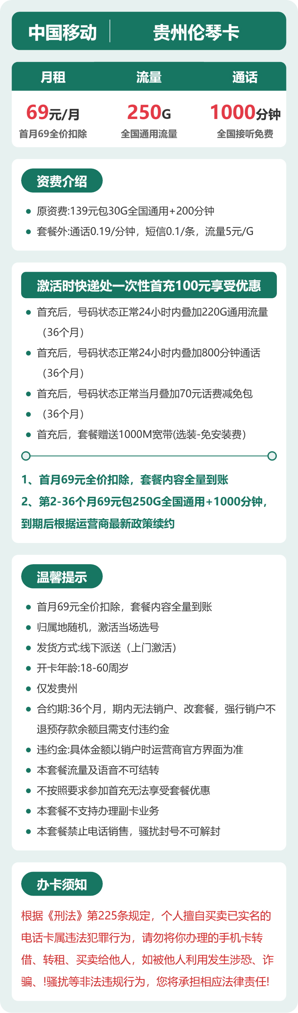 移动贵阳伦琴卡69元包250G+1000分钟