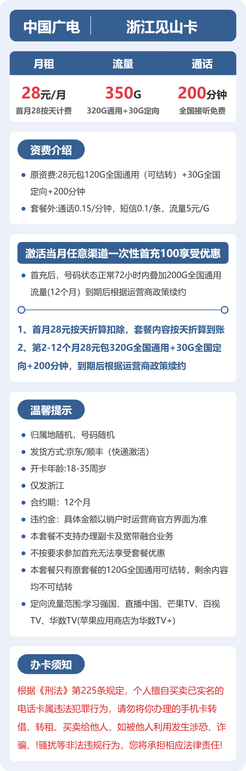 广电浙江见山卡28元包350G+200分钟