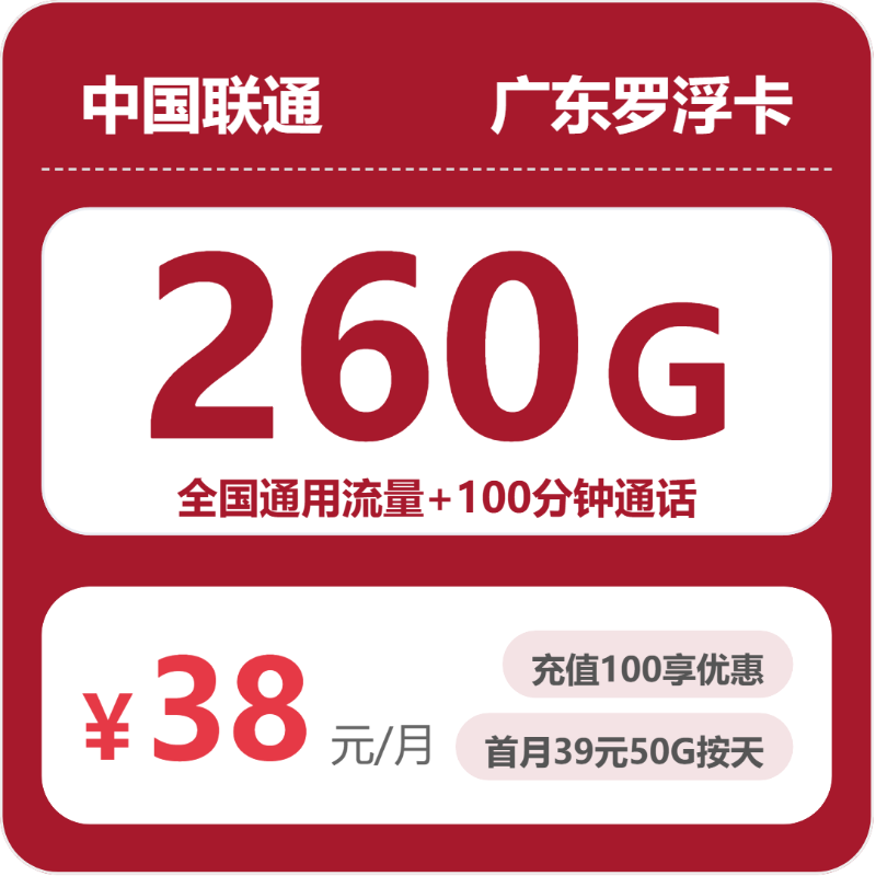 联通广东罗浮卡38元包260G+100分钟