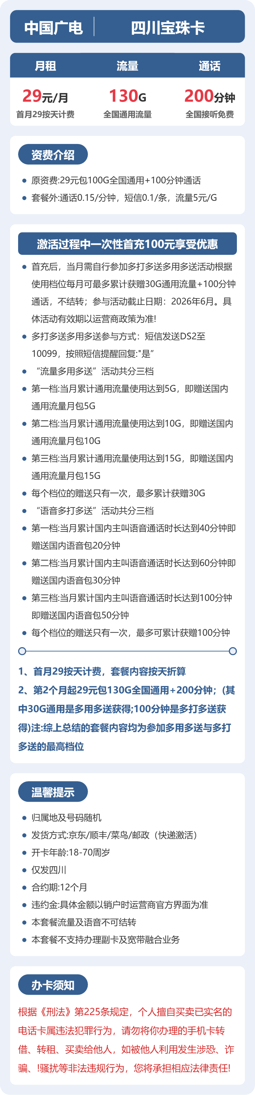 广电四川宝珠卡29元包130G+200分钟