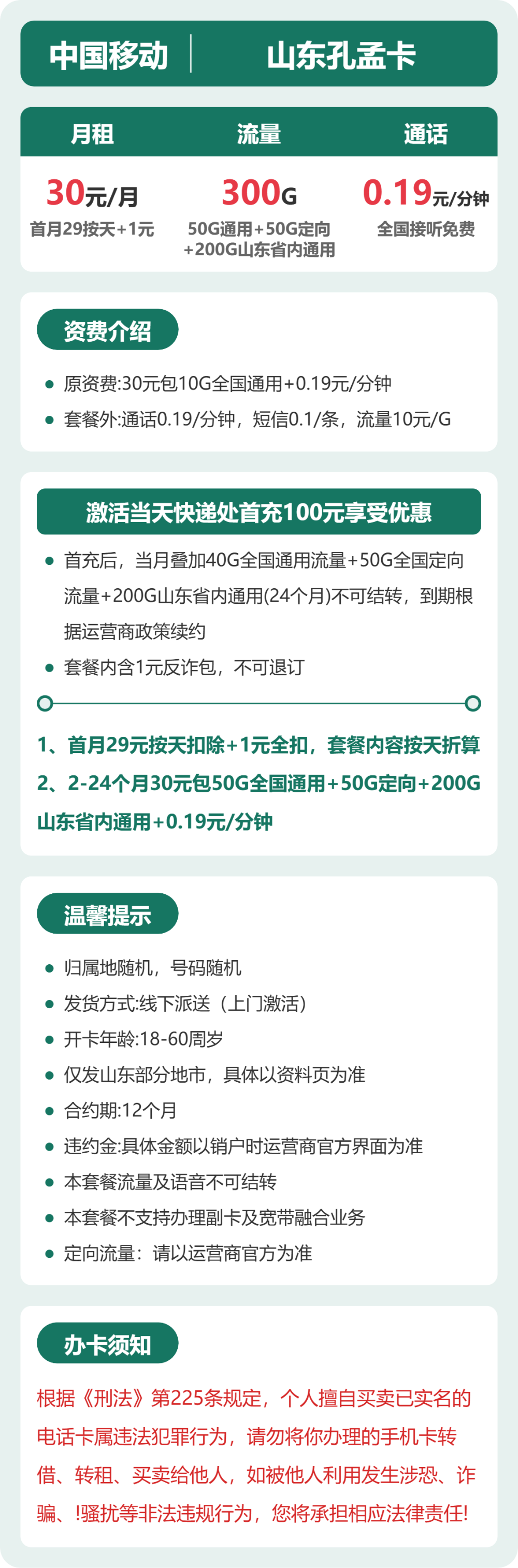 移动山东孔孟卡30元包300G+0.19元/分钟