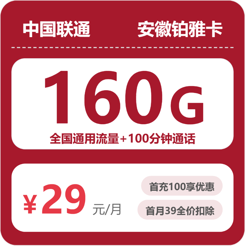 联通安徽铂雅卡29元包160G+100分钟