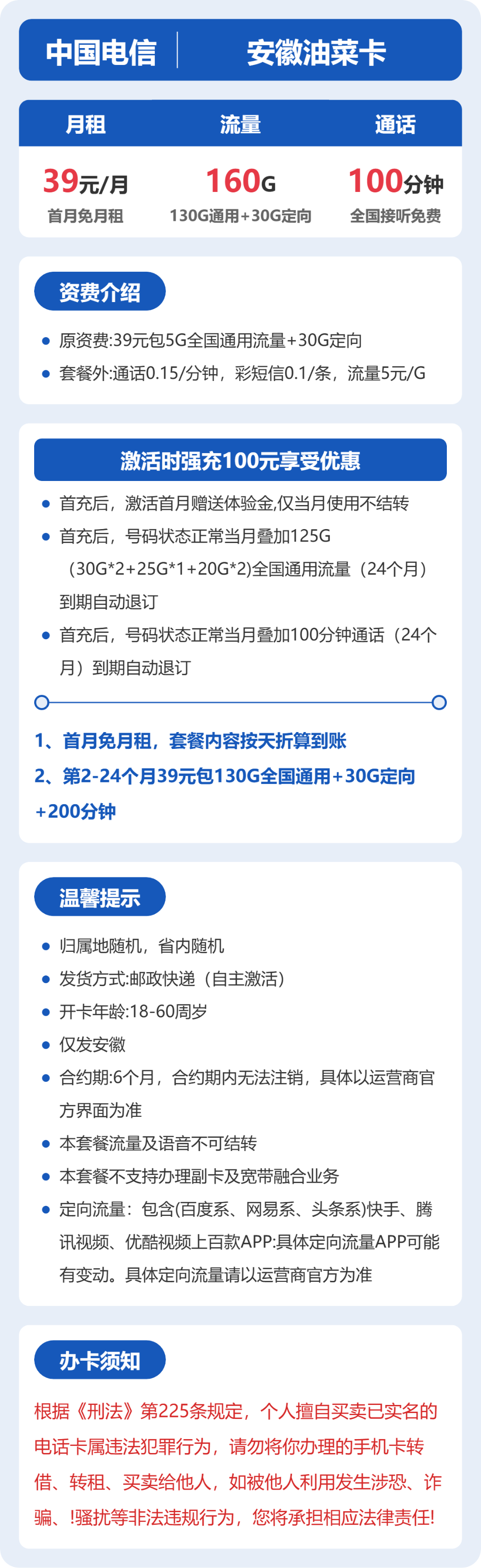 电信安徽油菜卡39元包160G+100分钟